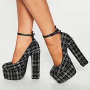 Black Tweed Closed Toe 6-inch Chunky Heel Ankle Strap Platform