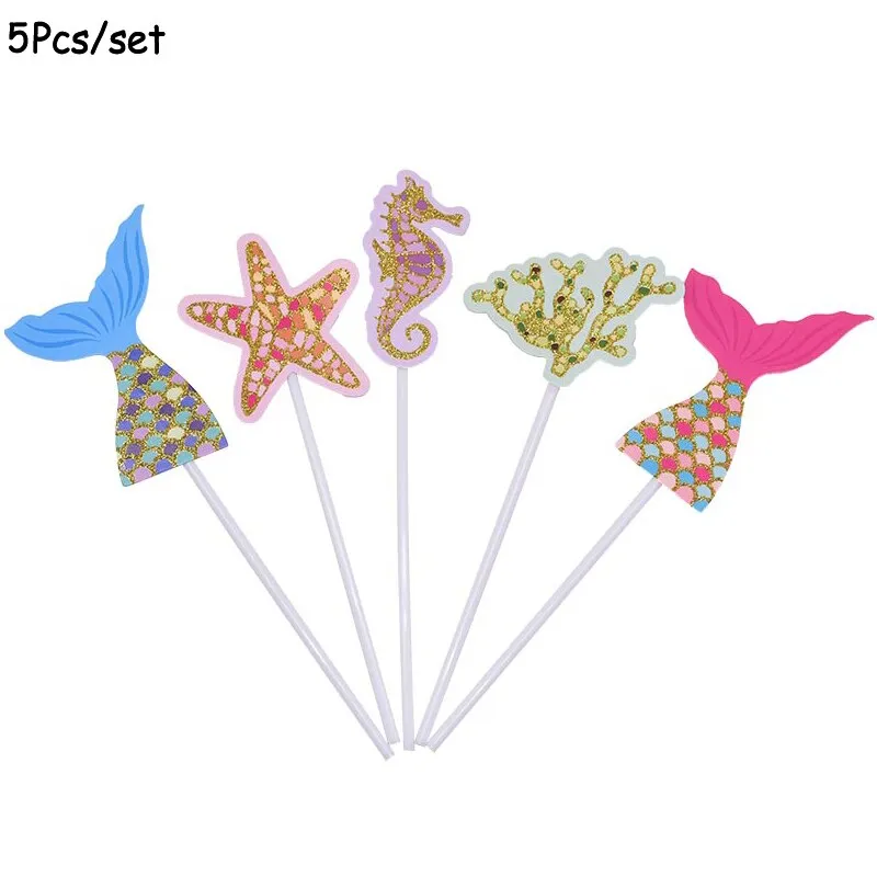 1Set Mermaid Party Happy Birthday Cake Topper Cupcake Toppers Girl Baby Shower Little Mermaid Theme Birthday Party Decorations