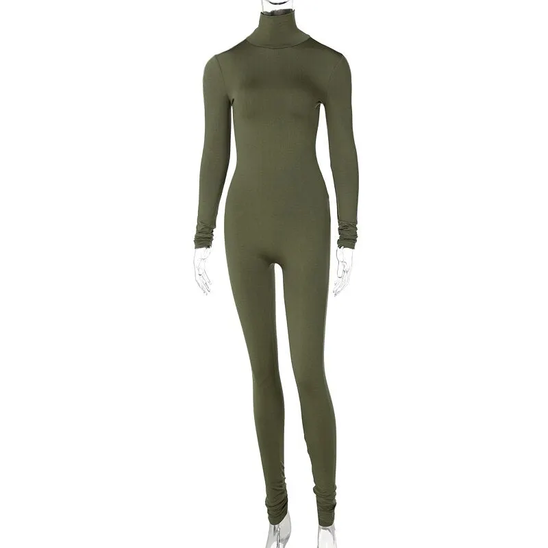 Hugcitar Long Sleeve Solid Turtleneck Skinny Bodycon Jumpsuit Autumn Winter Women Fashion Streetwear Casual Romper