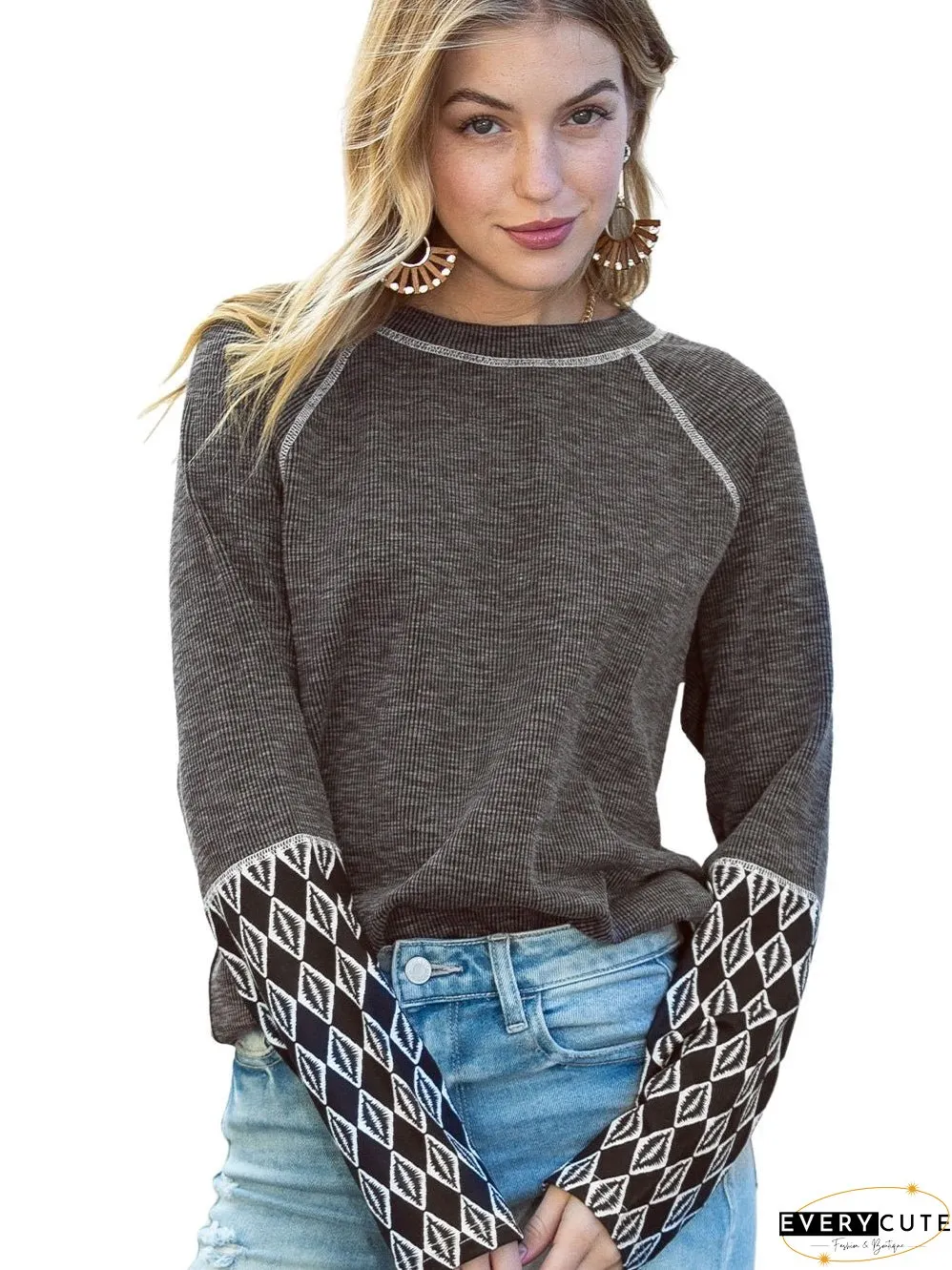 Cozy Gray Aztec Patterned Ribbed Top