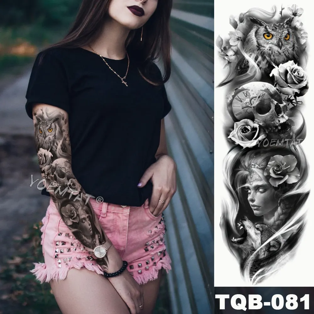Large Arm Sleeve Tattoo Owl Angel Rose Waterproof Temporary Fake Tatoo Sticker Skull Fox Wings Men Women Full Totem Tatto Artes