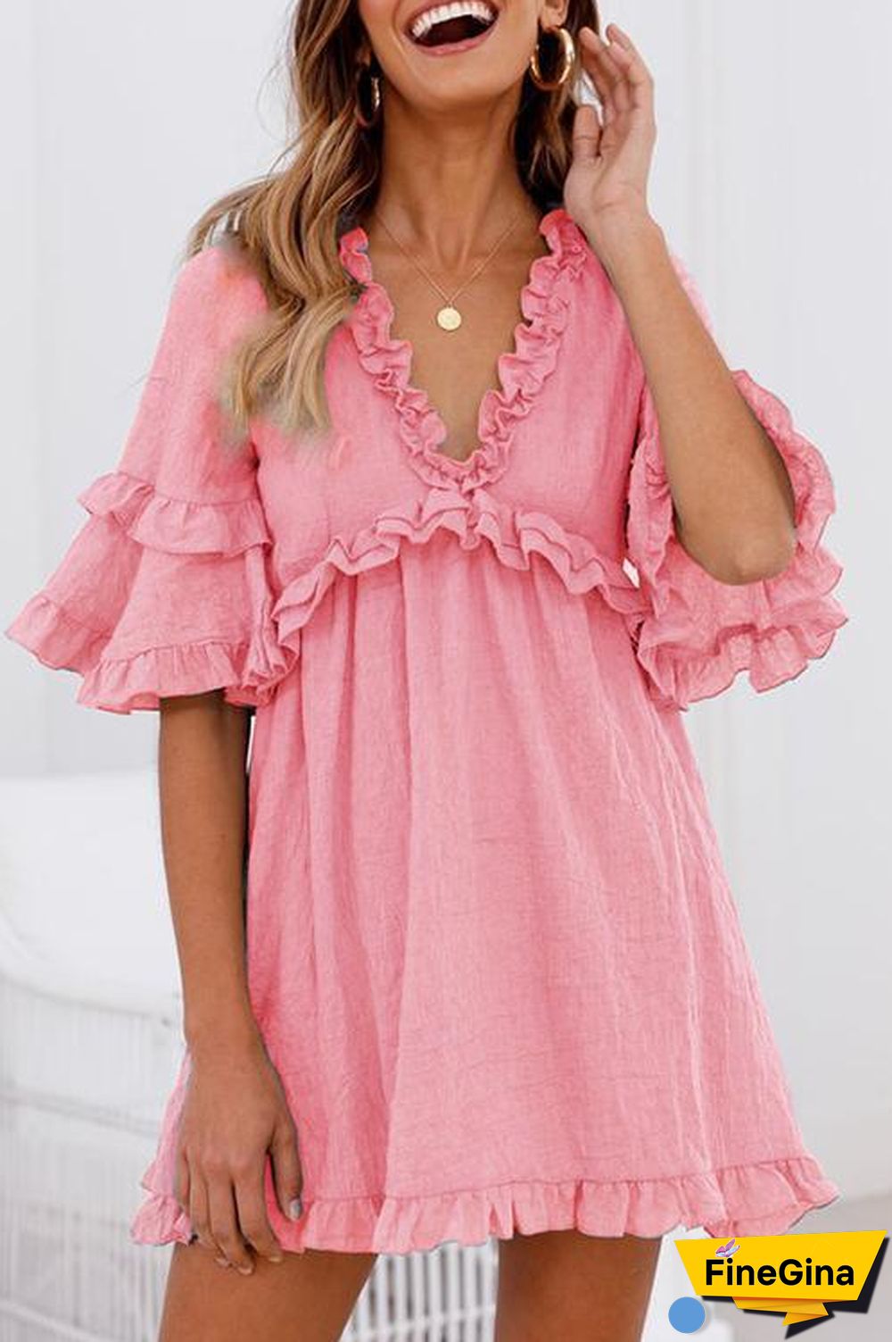 Ruffled Lace-up V-neck Dress