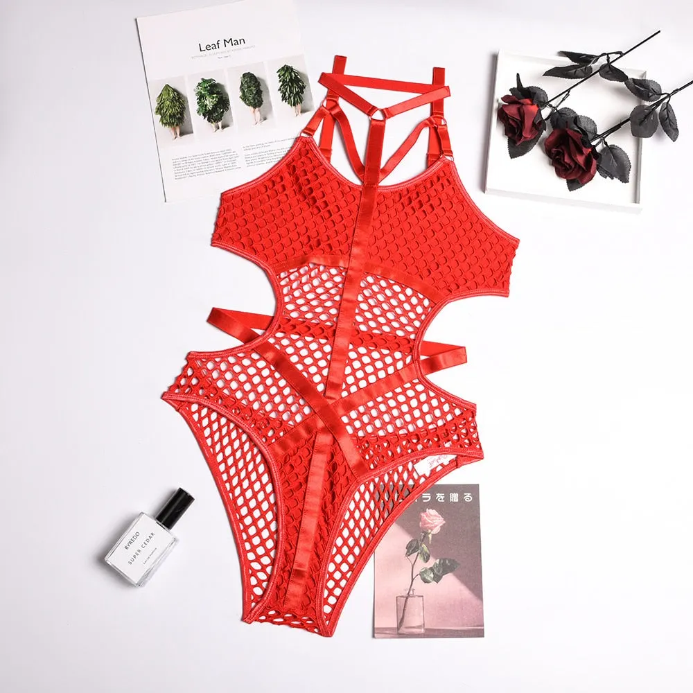 MIRABELLE Bodysuit Women Mesh Bodys Lace Exotic Costumes Halter Erotic Lingerie See Through Sexy Hollow Out Porno Overalls