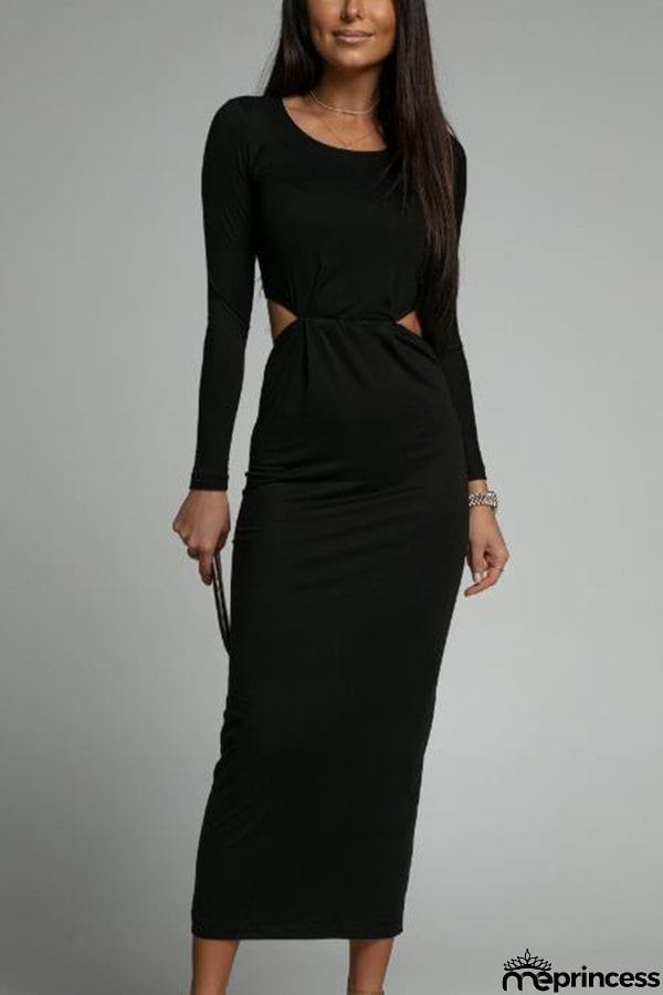 Round neck slim fit solid color slit backless waist dress
