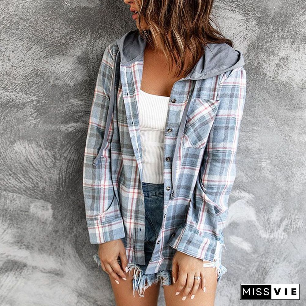 Oversizd Fit Button Up Hoodies Casual Multi Colored Hooded Flannel Shirt