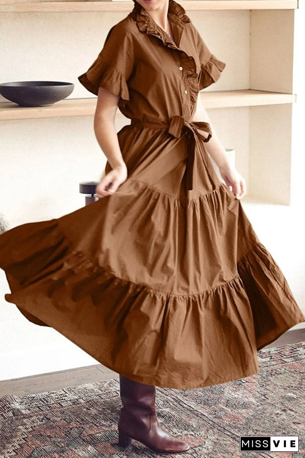 Fashion Casual Solid Split Joint Mandarin Collar A Line Dresses