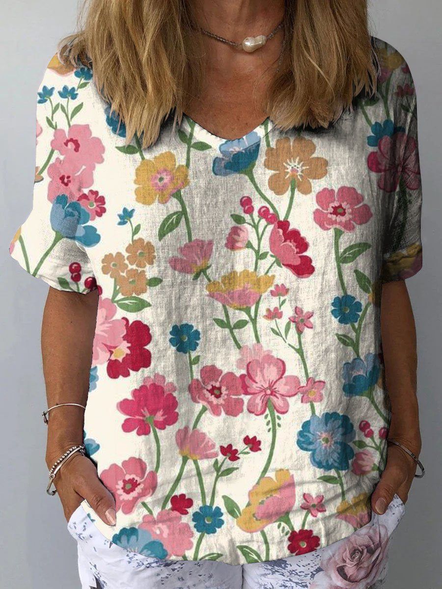 Women's Retro Floral Casual V-Neck Top