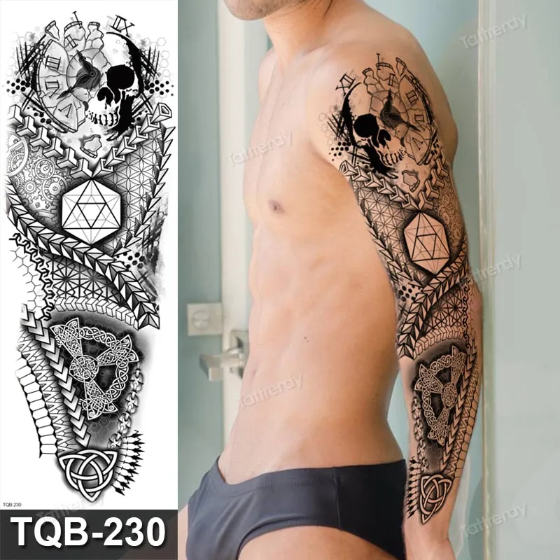 skull sleeve tattoo designs large full arm temporary tattoos for men boy tatoo fake waterproof tiger totem lion dragon pattern