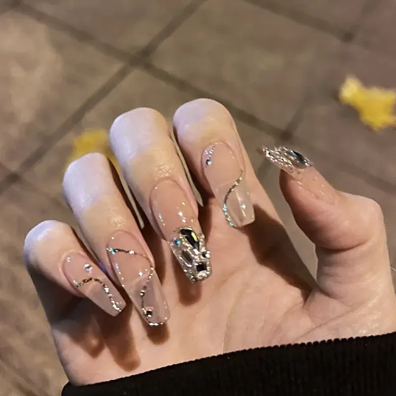 24PCS Press On Nails with Diamond Butterfly Design White Fake Nails Coffin Ballet False Nails Manicure Salon DIY  Full Finished-Nail Inspo