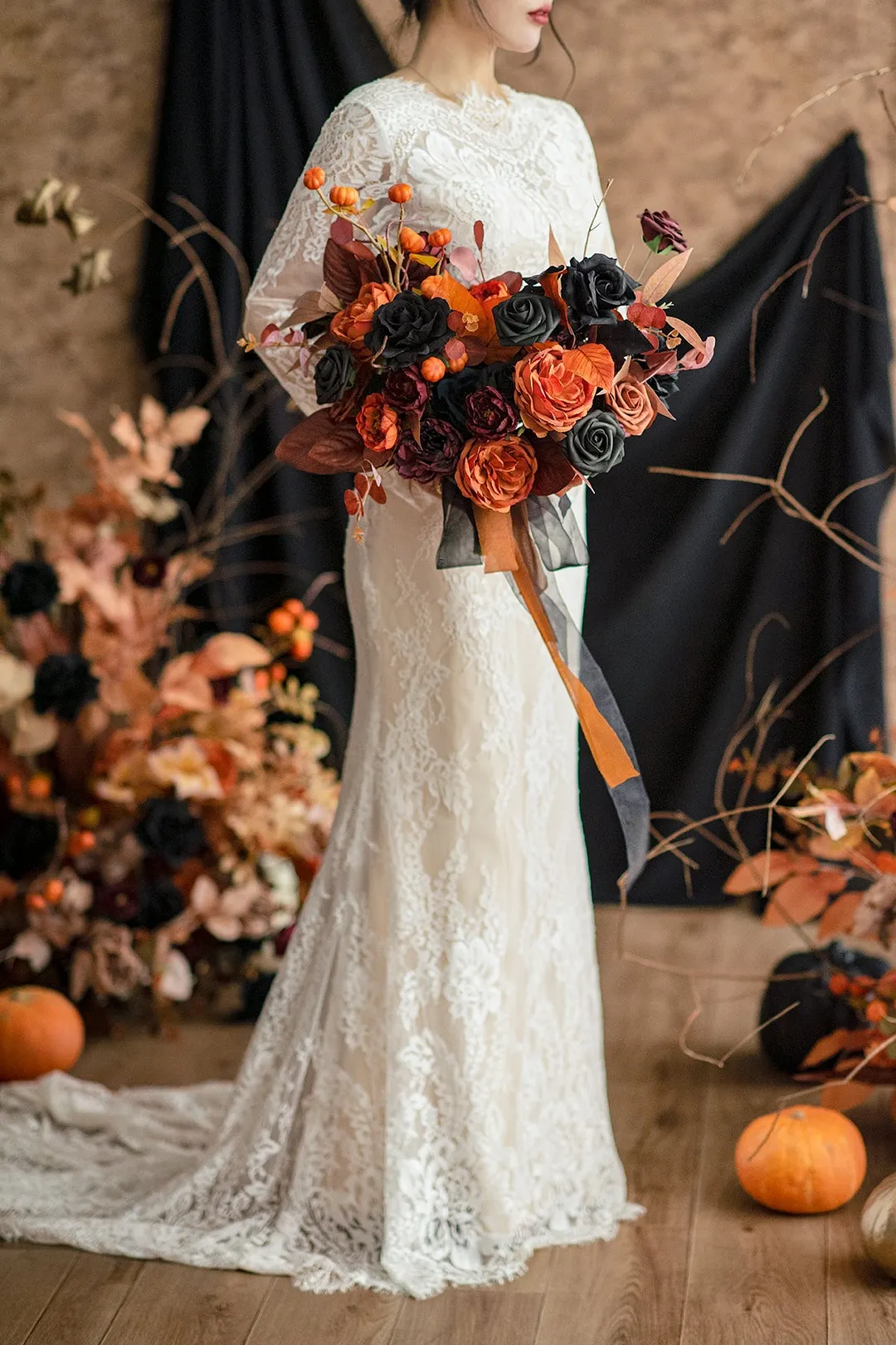 DIY Bridal Flower Set Package in Black & Pumpkin Orange