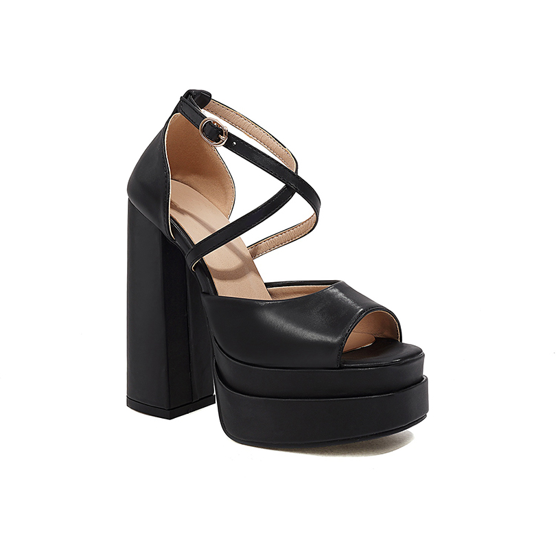 GOOSHOE Double-Layer Waterproof Platform Ultra-High Thick Heel Peep Toe Sandals Side Hollowed Cross Tie Buckle Sandals
