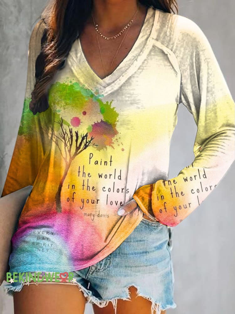 Paint the World in the Colors You Love Tree Printed Casual V-Neck Long Sleeve Top Multicolor / S
