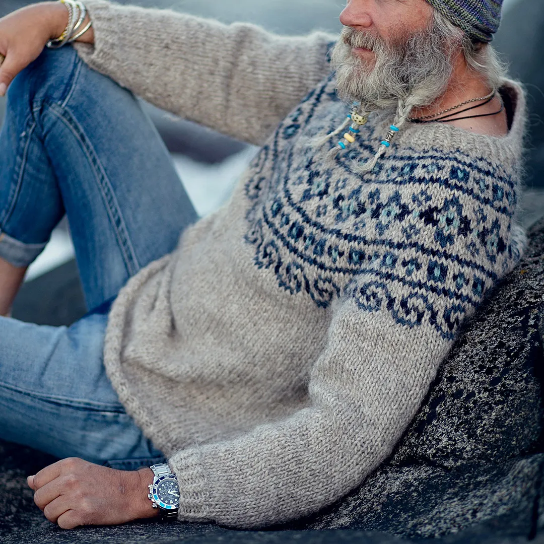 Vintage Beautiful Norwegian Knit Jacquard Crew Neck Sweater（Unisex）