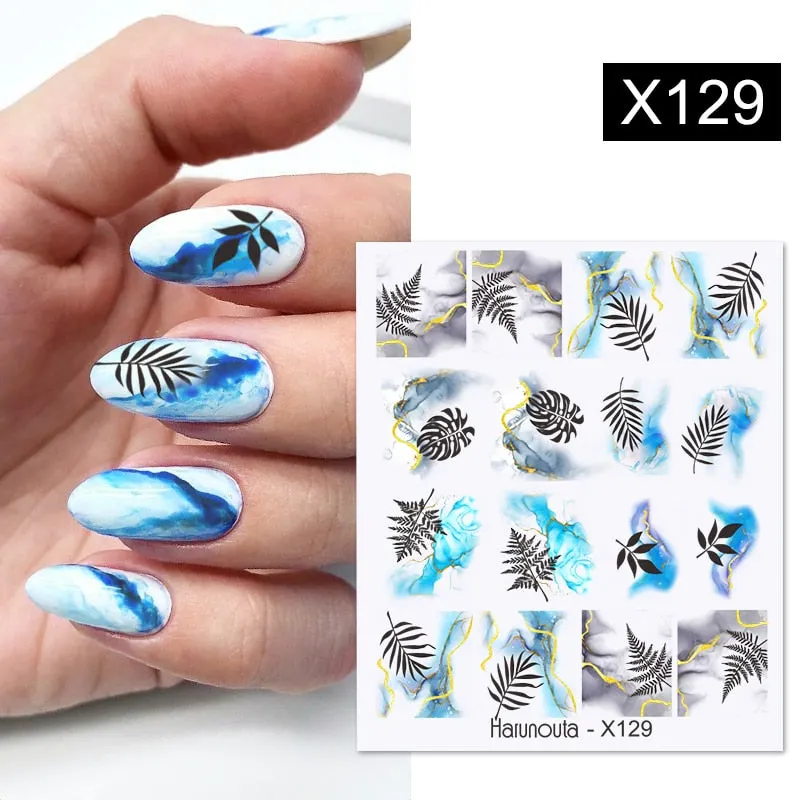 Harunouta Water Decals Ink Blooming Flower Leaves Transfer Nail Stickers Butterfly Love Heart Design Slider Watermark Decoration-Nail Inspo