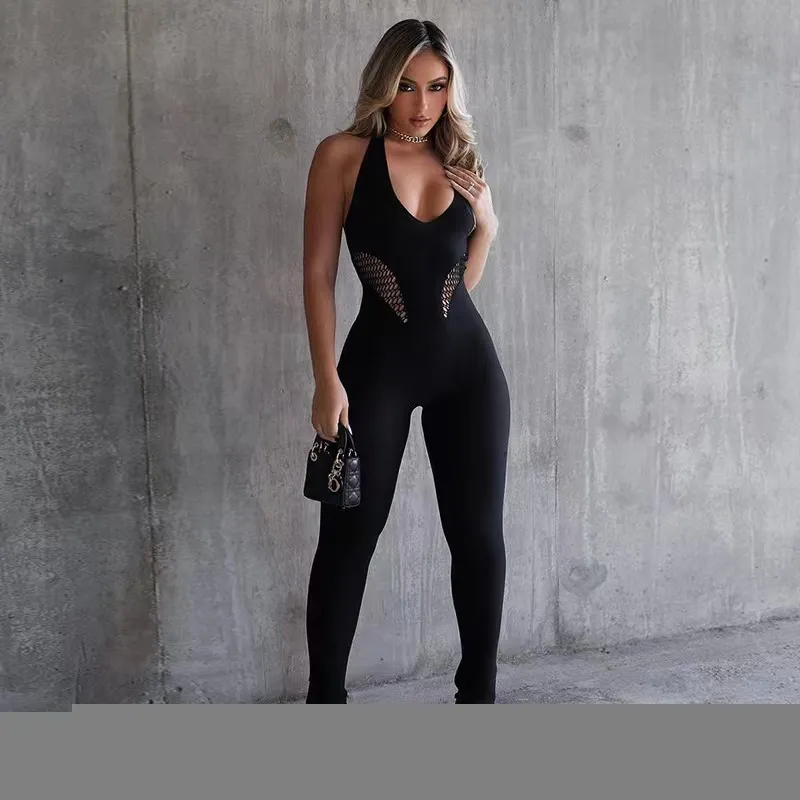 Uveng Uveng Spring Women's Clothing New Low-Collar Tight Sleeveless Hanging Neck High-Waisted Solid-Color Yoga Jumpsuit
