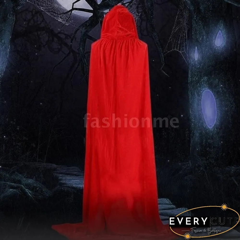 Adult Hooded Cloak Long Velvet Cape Robe Green Black Red Halloween Carnival Purim Coats Medieval Witch Wicca Vampire Costume