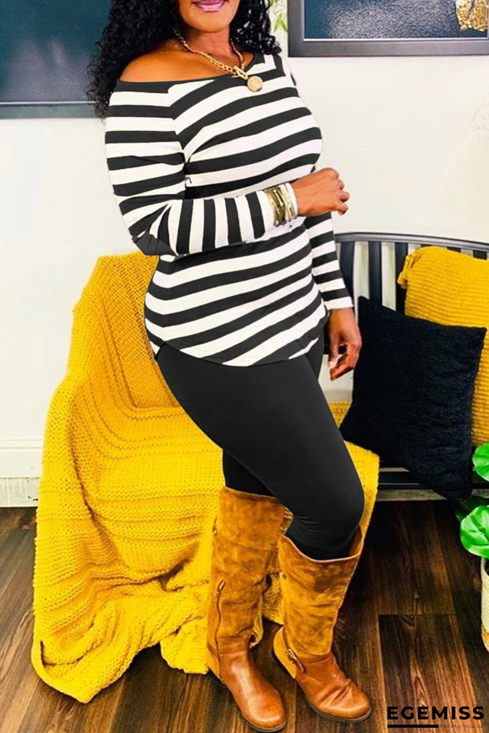 Black Casual Striped Patchwork Off the Shoulder Long Sleeve Two Pieces | EGEMISS