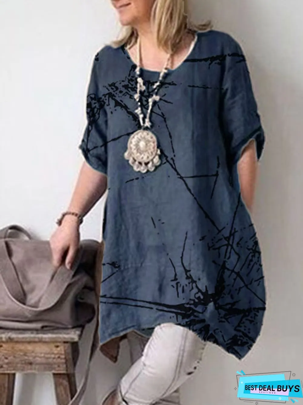 Crew Neck Short Sleeve Tunic Top