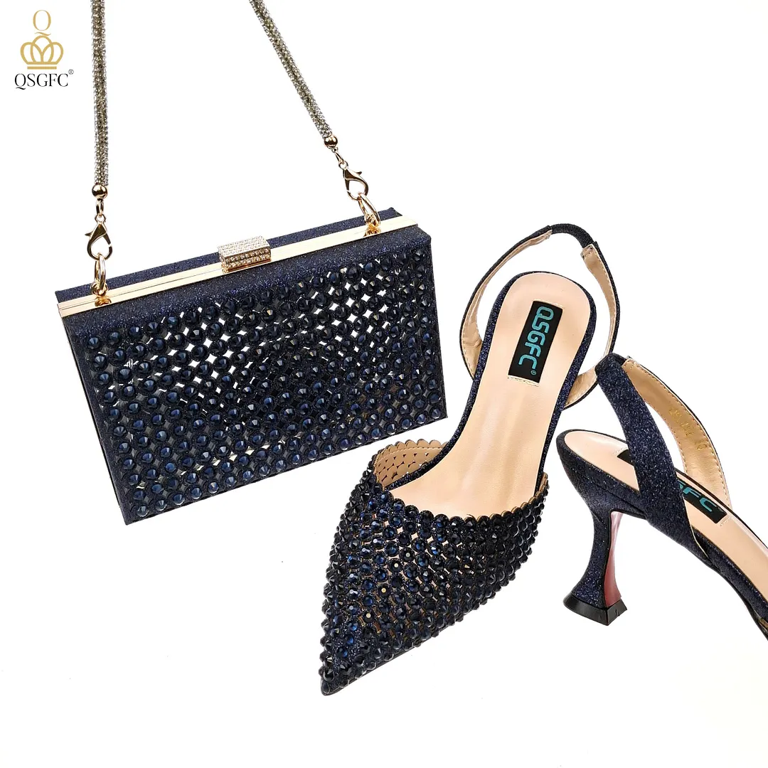 QSGFC New Arrival Popular Cutout Style In Nigeria Italian Design Elegant D.Purple Color Ladies Shoes and Bag For Party Wedding