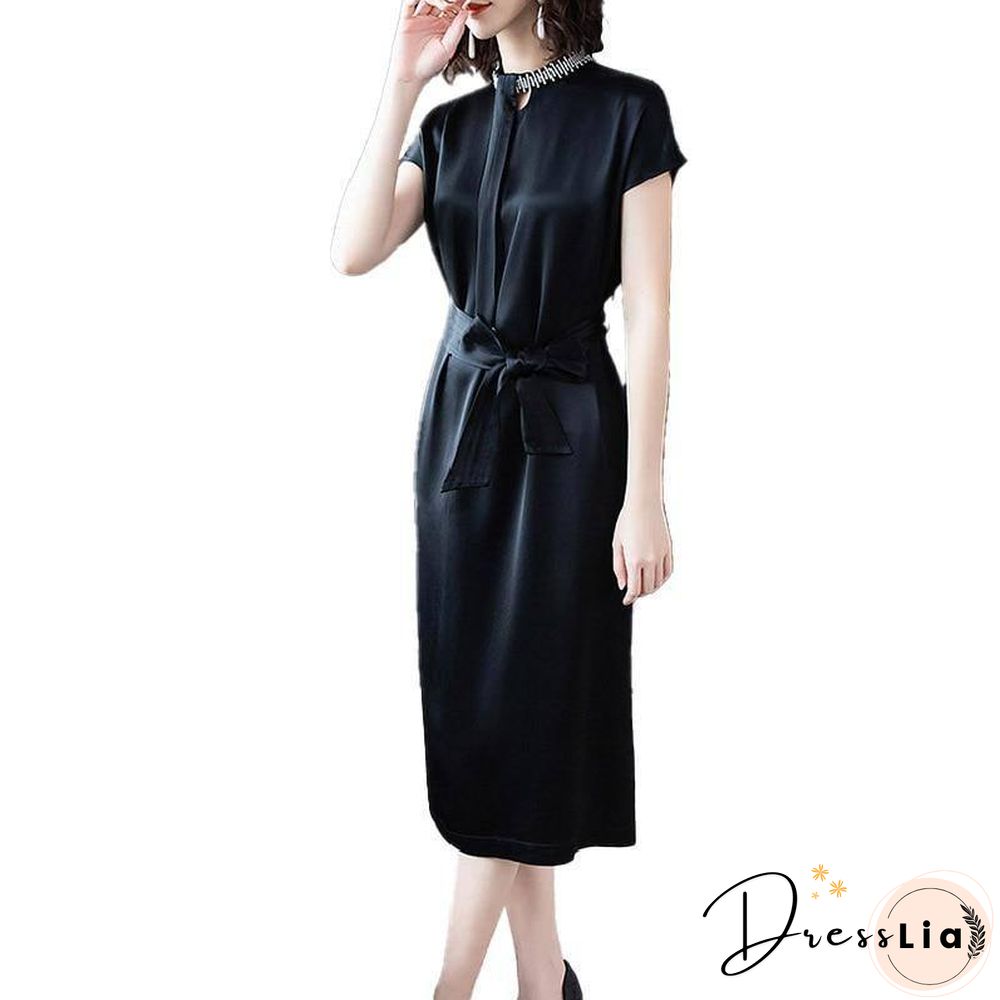 Spring Midi Black Dresses Women Short Sleeve Belt Satin Vintage Elegant Fashion Female Clothing Office Lady Party Summer