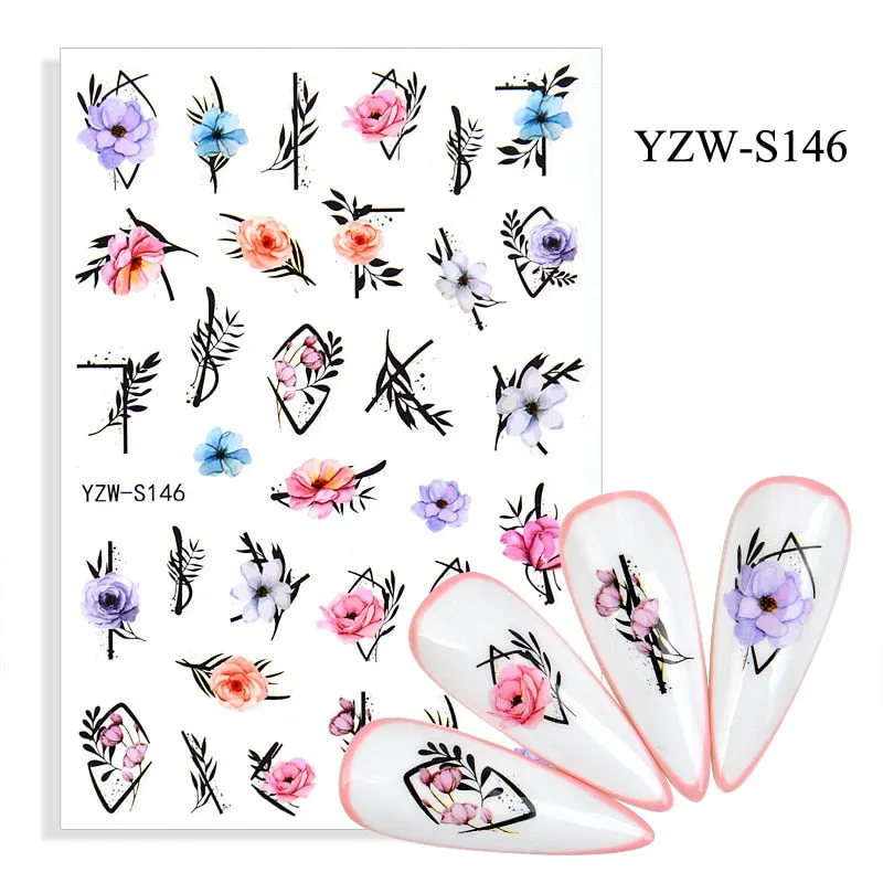 1pc Holographic Blue Nail Stickers Pink Colorful Butterfly Art Sticker With Adhesive DIY Extension Flowers Rose Nail Decoration-Nail Inspo