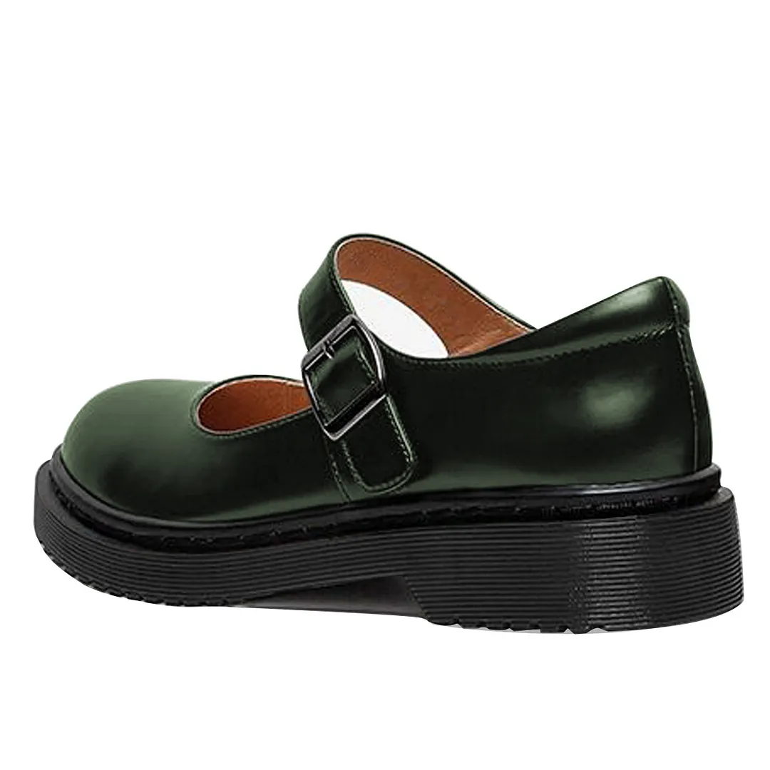 Dark Green Vegan Leather Round Toe Mary Jane Shoes with Bold Platform