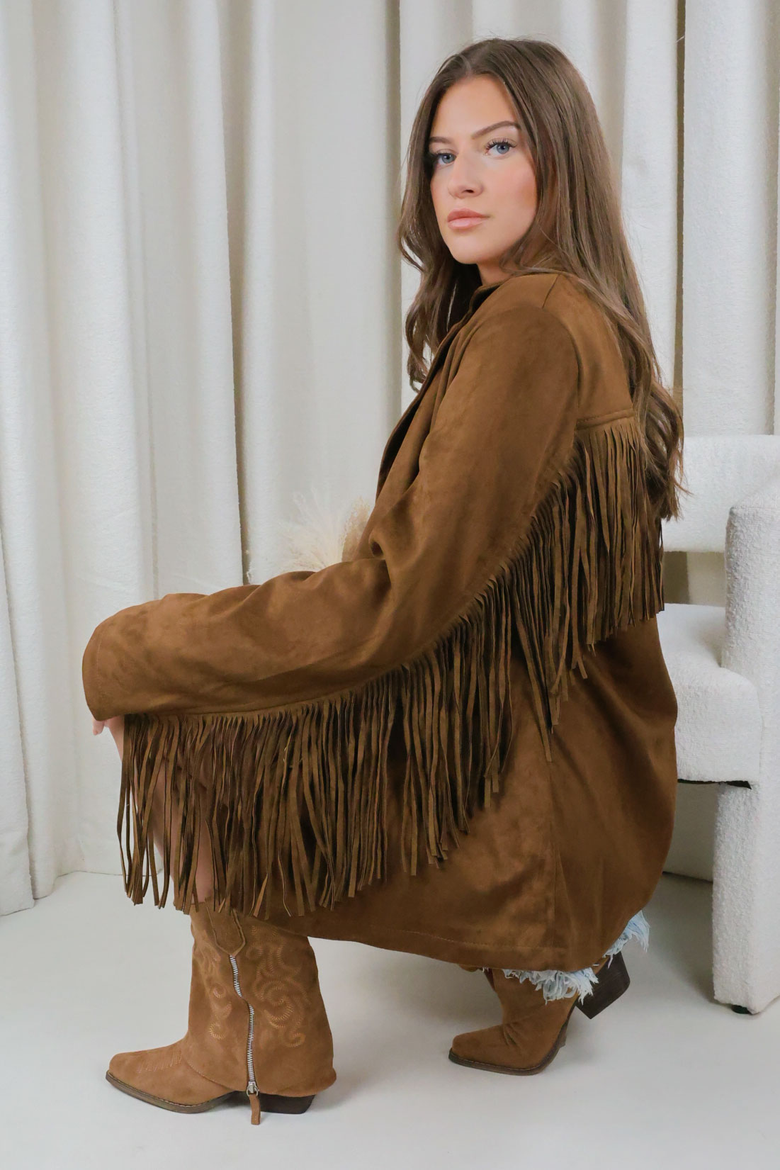 Brown Boho Western Fringe Suedette Jacket