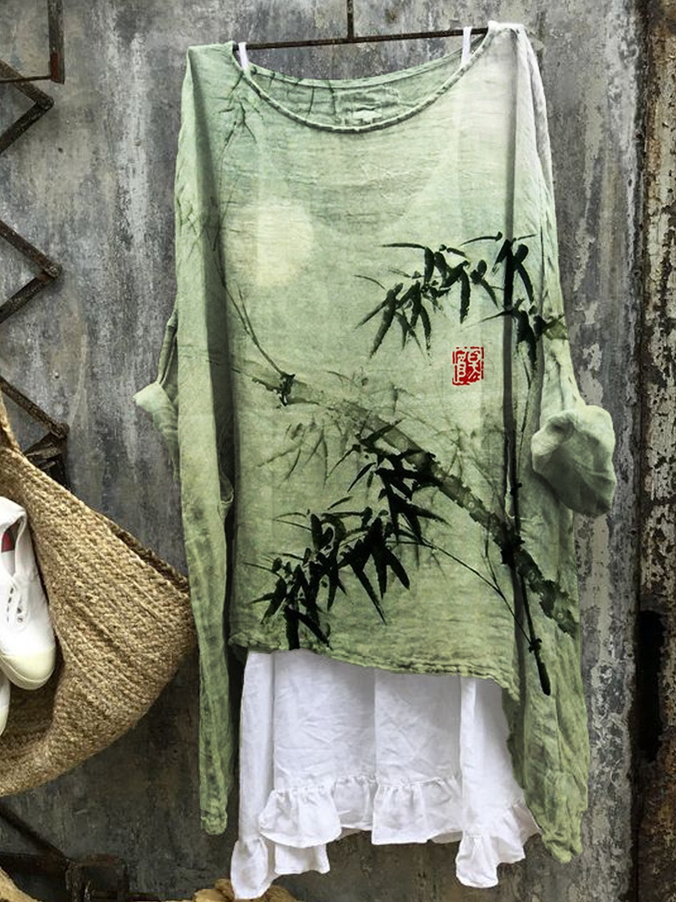 Bamboo Forest Full Moon Japanese Art Linen Blend Tunic
