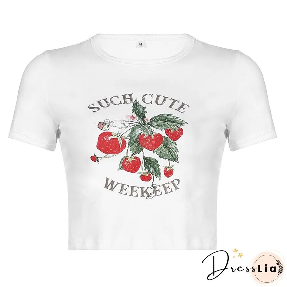 Cute Kawaii Strawberry Print Crop Tops Women Fairycore Short Sleeve Tshirt Aesthetic Harajuku Clothes Streetwear