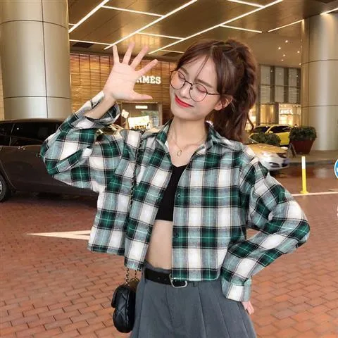 Blouses Shirts Women Plaid Long Sleeve Crop Top All-match Korean Style Leisure Preppy Street Loose Womens Fashion Ins Chic Retro 1029-1