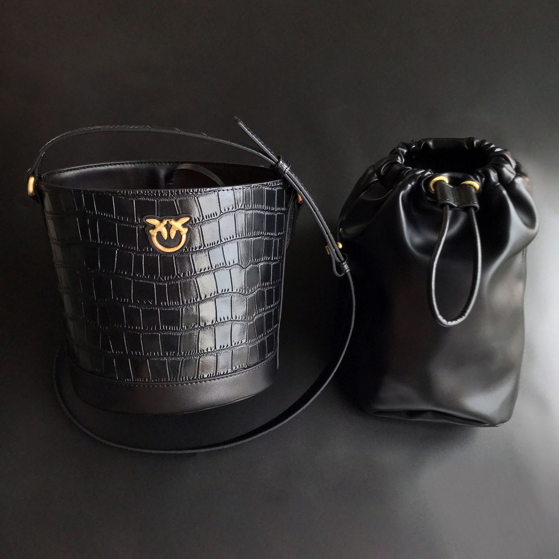 New Pinko Style Genuine Leather Swallow Bag Crocodile Pattern Bucket Bag Versatile Shoulder Crossbody Women's Bag Light Luxury