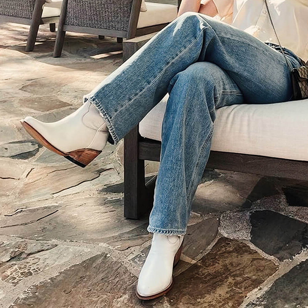 Elegant White Pointed Toe Studded Short Western Boots for Women Nicepairs