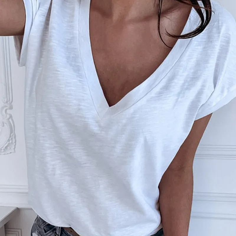Women Short Sleeve Female 2021 Summer V Neck Tops Casual T Shirts Basic Tops Pentagram Bamboo Fiber Women's Tees Plus Size 5XL