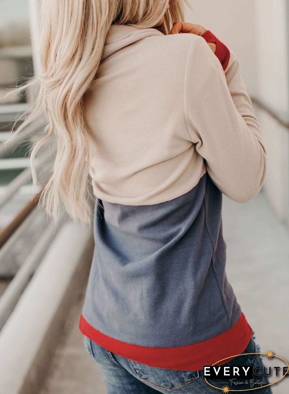 Pile Neck Printed Long Sleeve Top