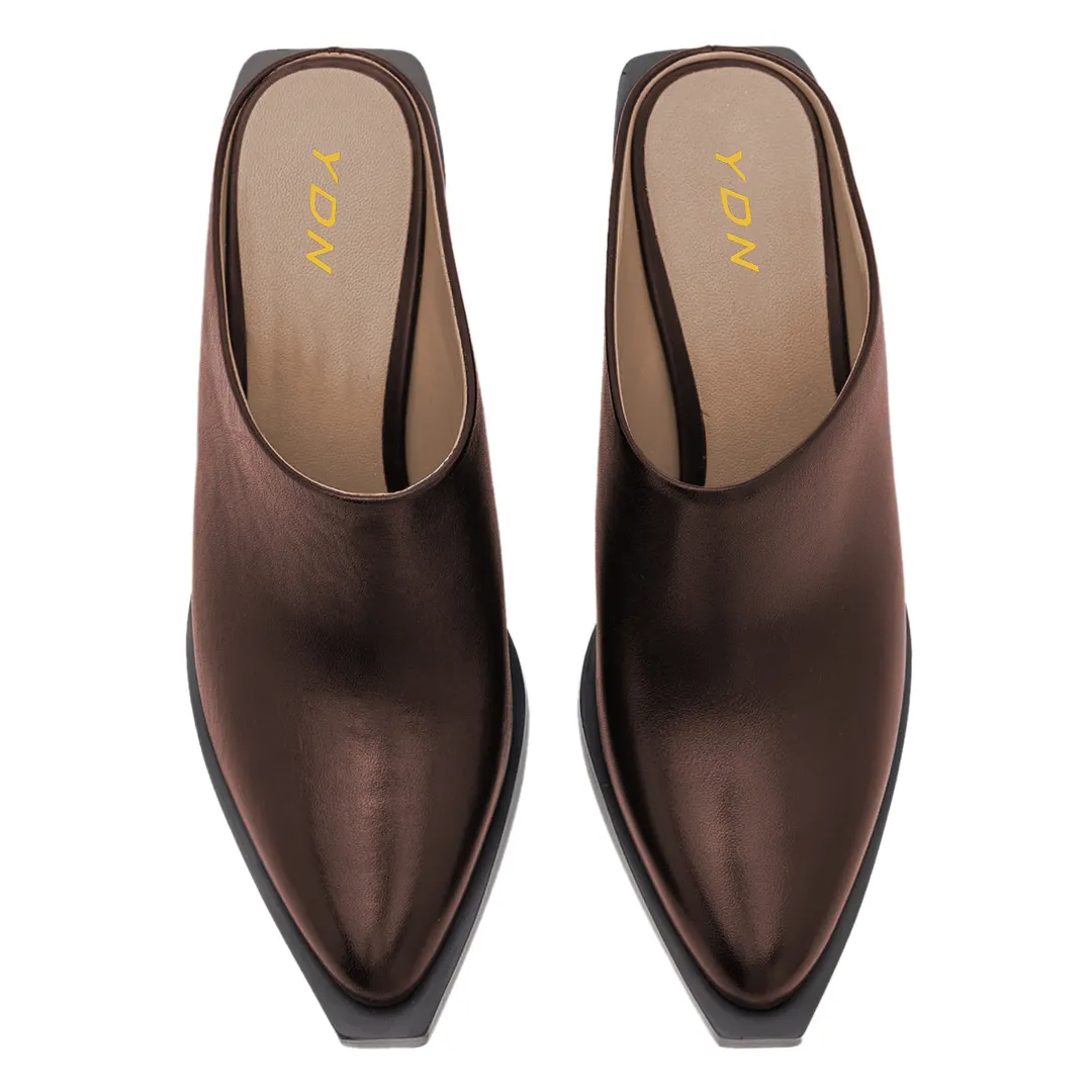 Dark Brown Vegan Leather Snip Toe Block Heel Vintage Mules Shoes