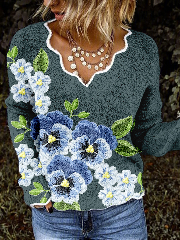 Pansy Flowers Embroidery Art Scalloped Cozy Sweater