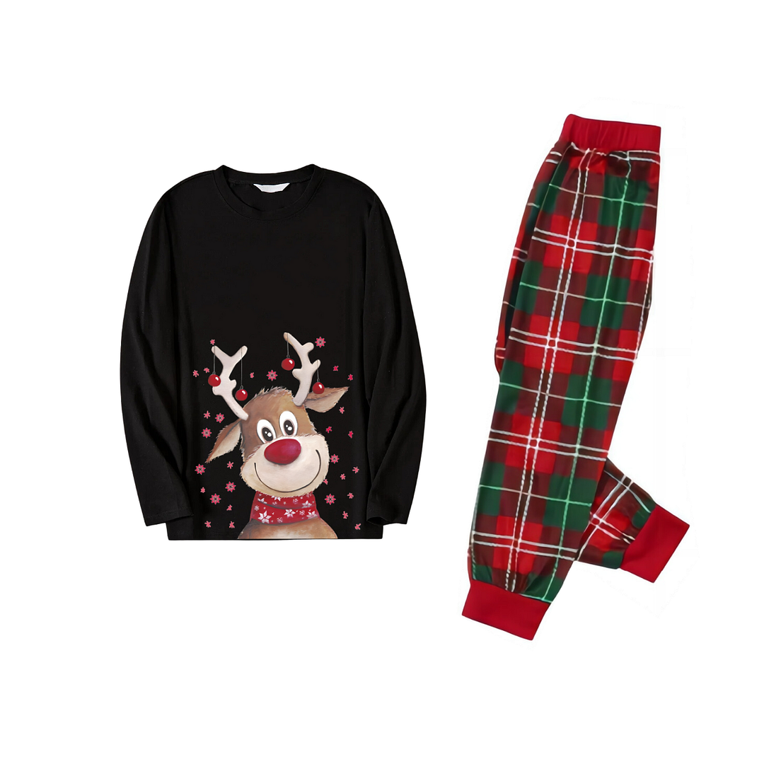 Cute Deer Pattern Black Top Red and Green Plaid Family Matching Pajamas