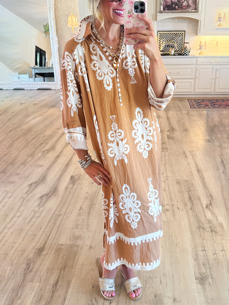 Women's Loose V-neck Long-sleeved Cotton and Linen Dress
