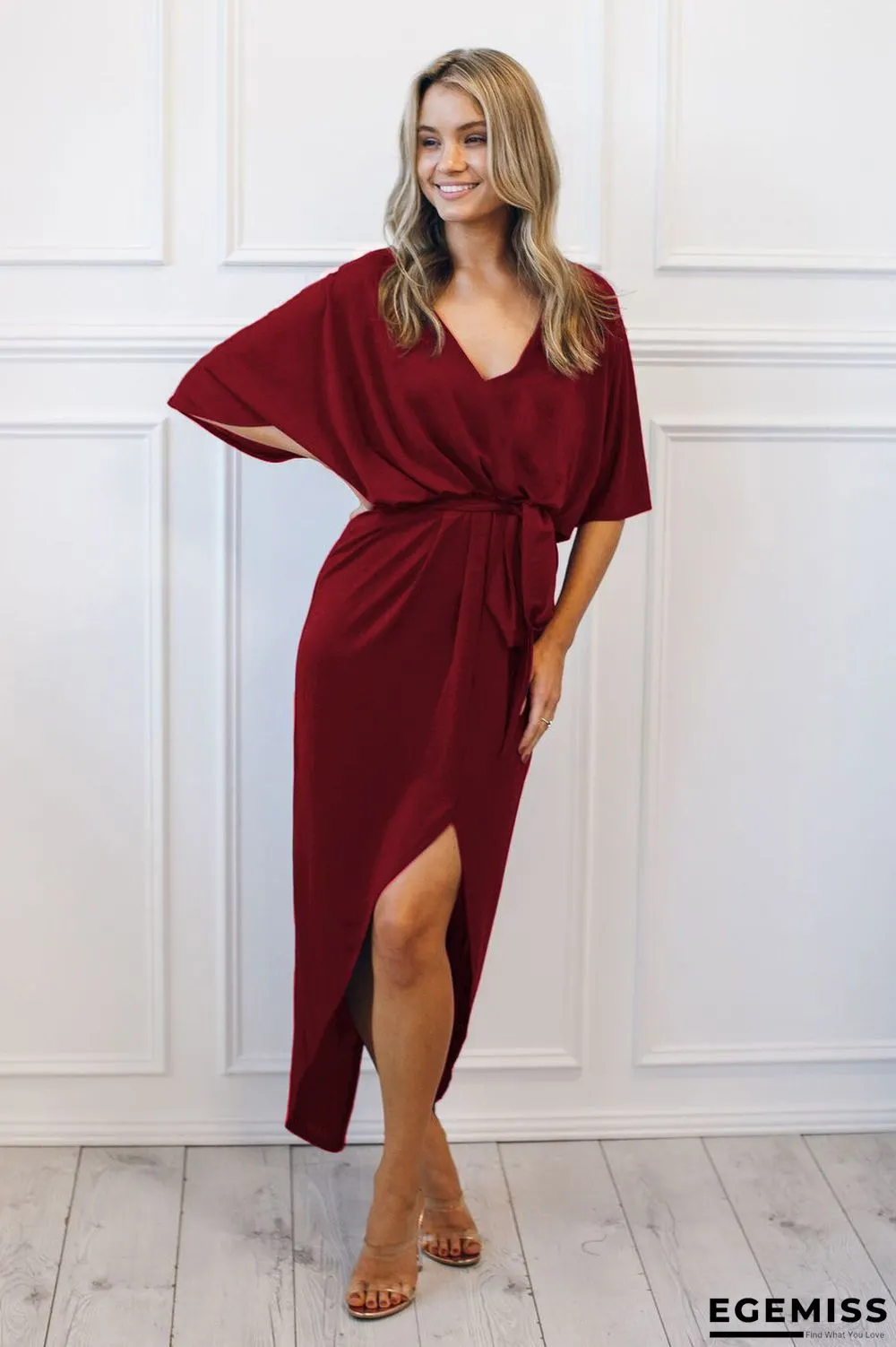 Long V-neck Bat Sleeve Split Dress with Loose Belt Black Dresses | EGEMISS