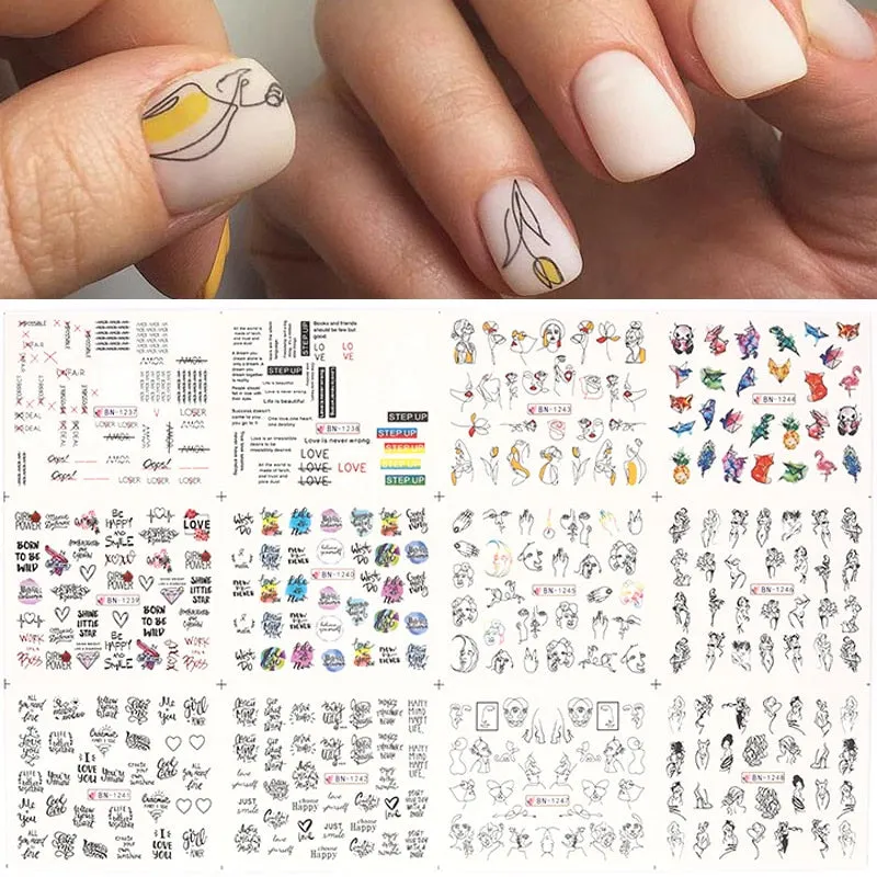 12Pcs Flower Leaf Geometric Lines Water Decals Spring Floral Butterfly Transfer Sliders Paper For Nails Decoration Manicures