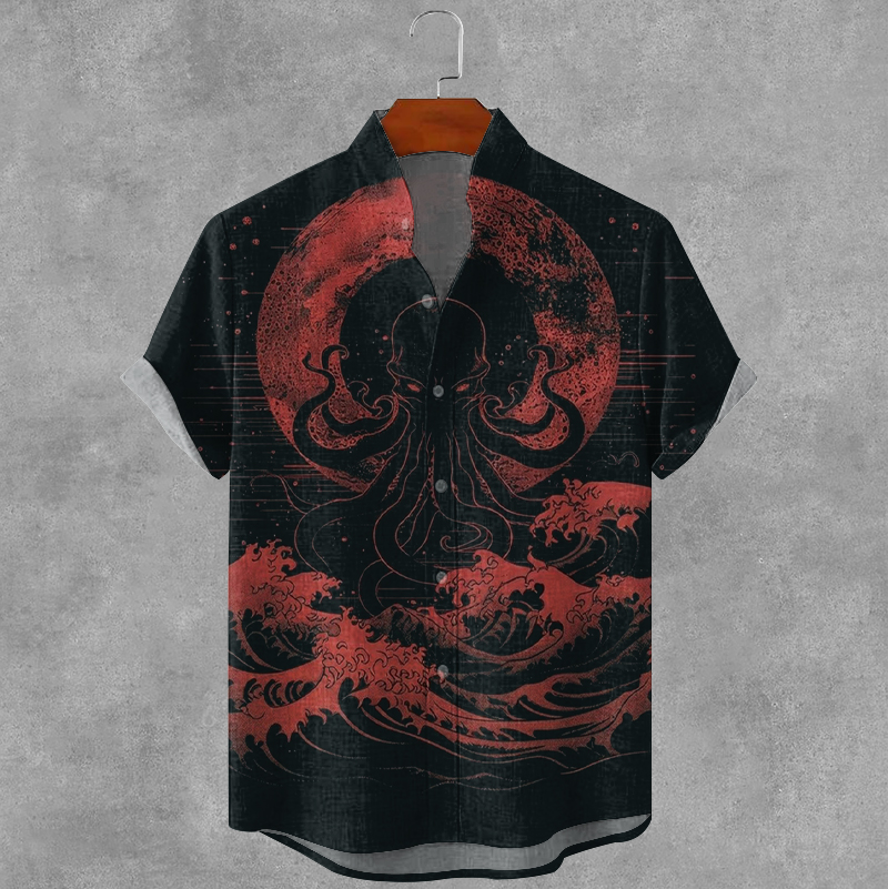 Men's Vintage Japanese Octopus Print Casual Button Shirt elevenforest