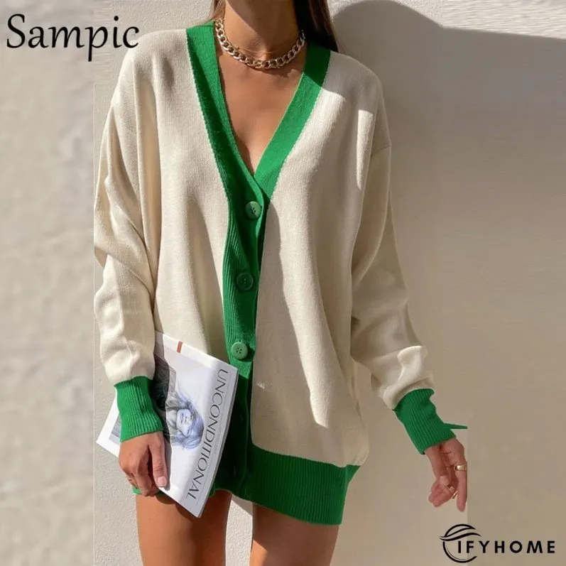 Christmas Gift Sampic Loose Patchwork Knitwear Winter Women Cardigans Tops Oversized Long Sleeve Y2K V Neck Sweater Casual Fashion Tops | IFYHOME