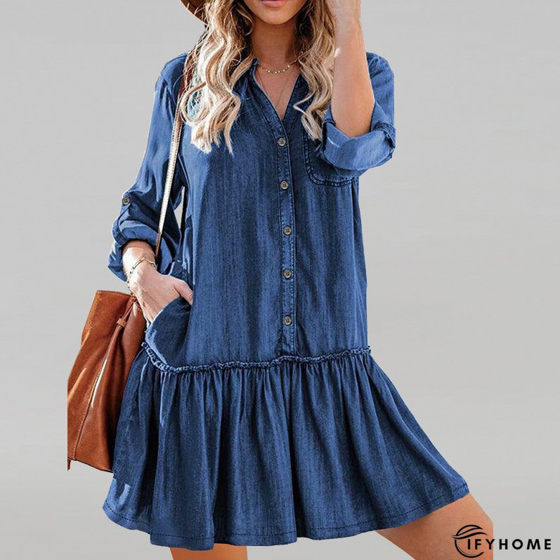 Plus Size Women Denim Long Sleeve Dress | IFYHOME