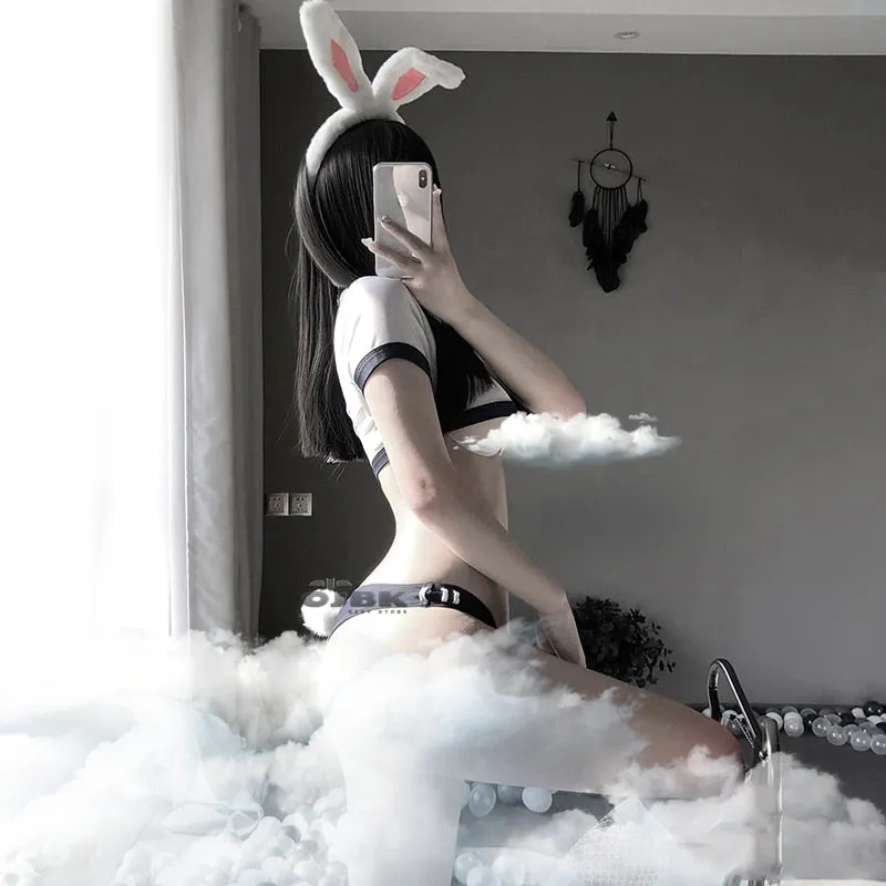 OJBK Sexy Heart Hollow Open Chest Erotic Lingerie Japanese Sweet Student Role Play Costume Rabbit Tail School Girl Uniform
