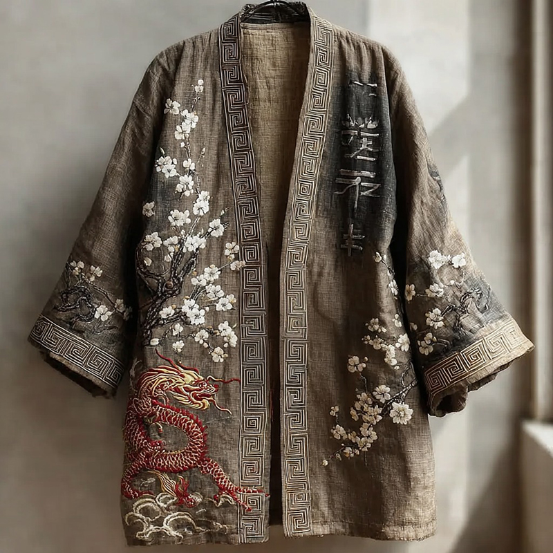 Men's Japanese Sakura And Dragon Art Linen-blend Kimono elevenforest