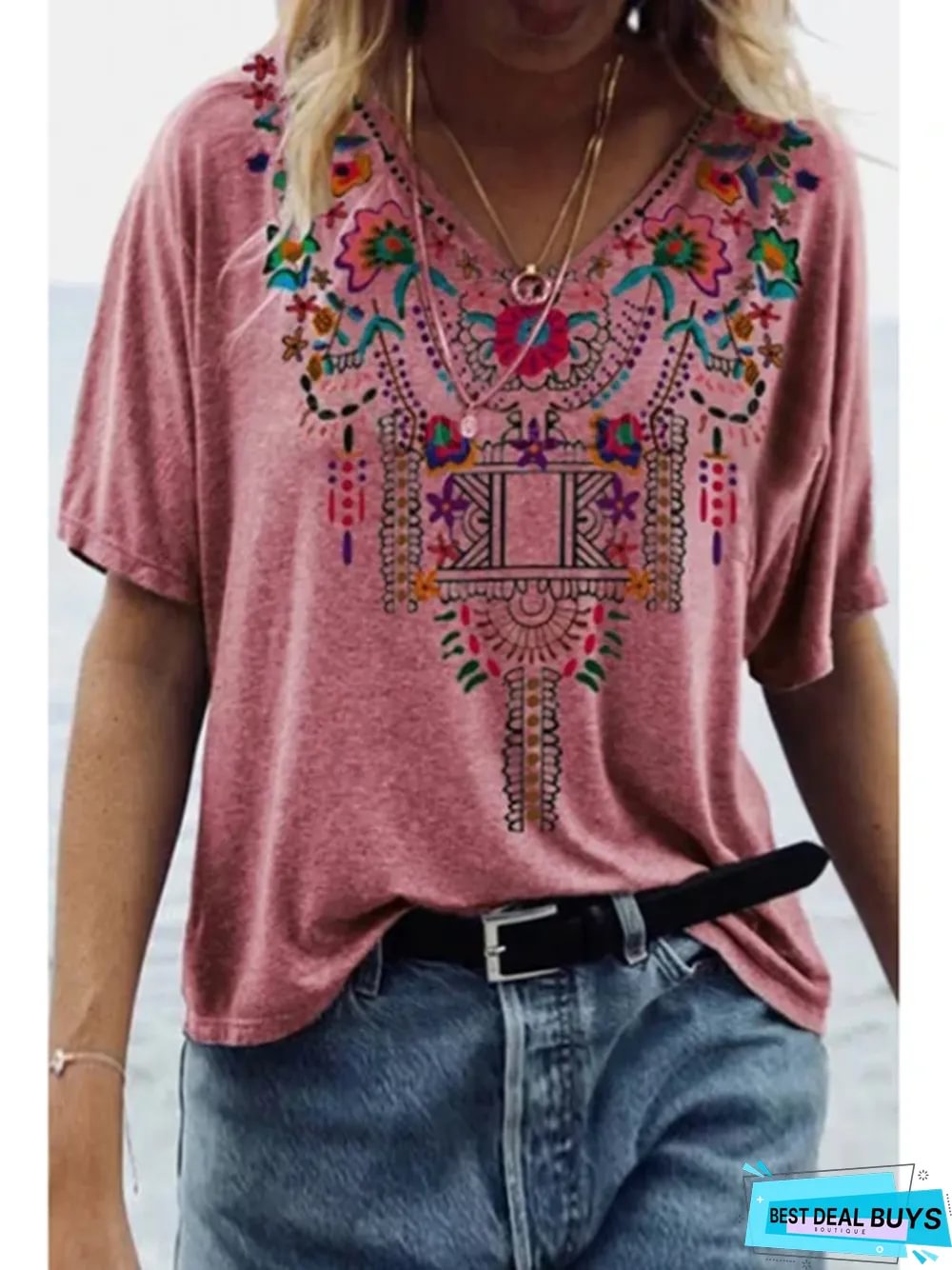 Women's Spring and Summer New Printed National Style V-Neck Short-Sleeved T-Shirt