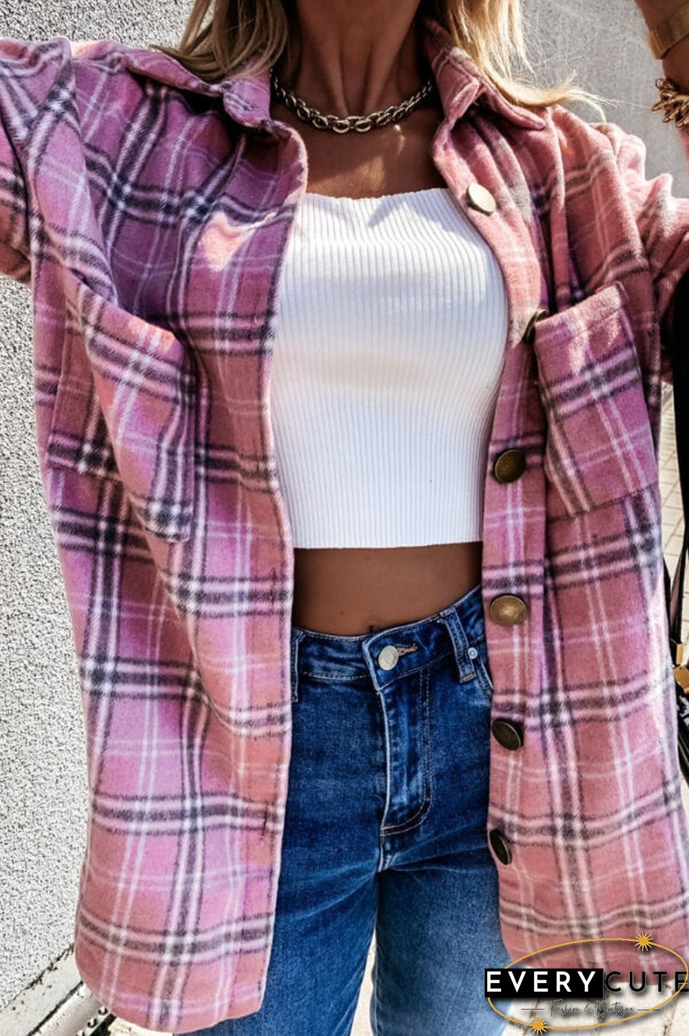 Fashion Casual Plaid Splicing Button Pocket Shirt