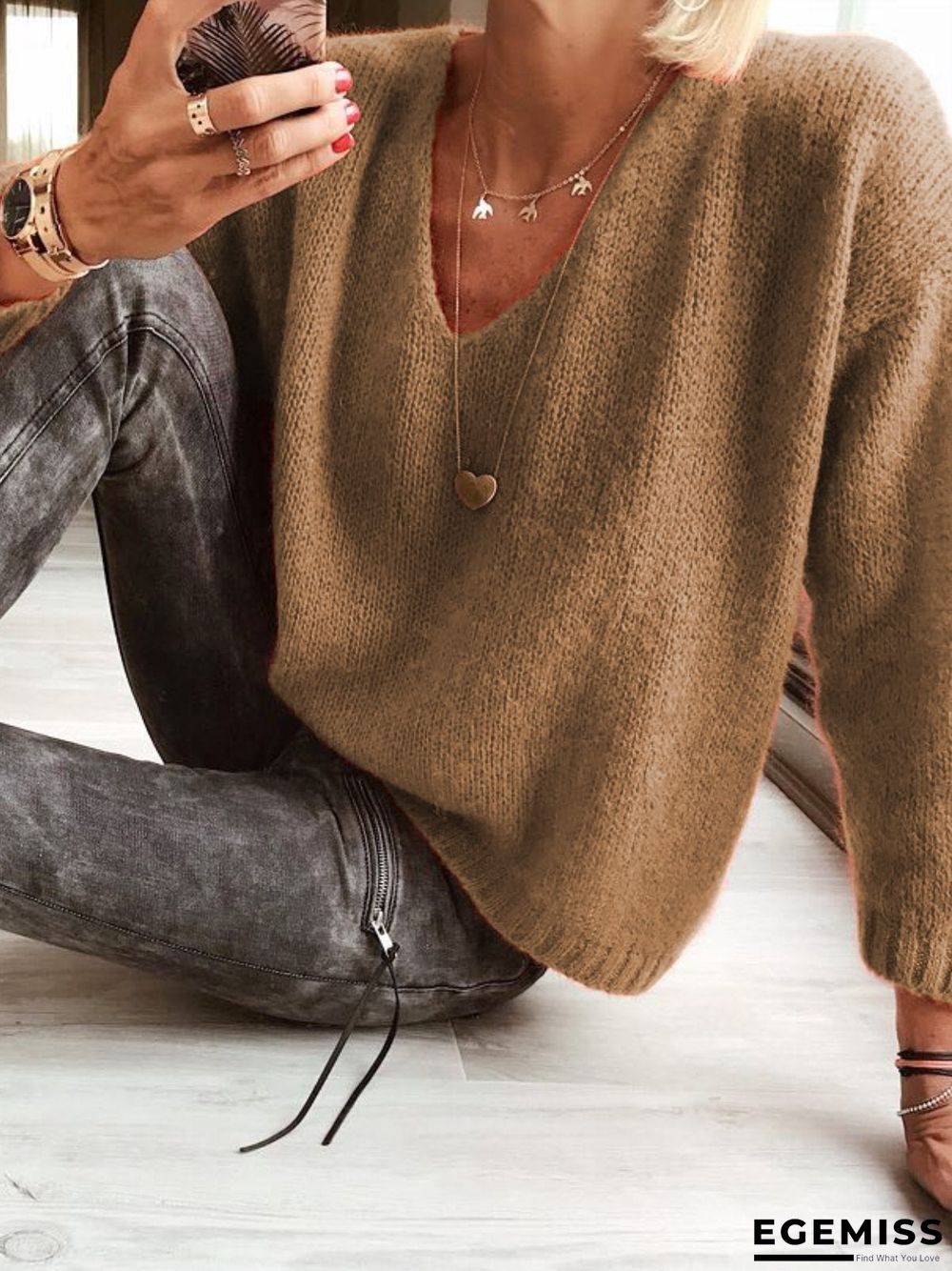 Woman Wool blend Casual V Neck Plain Sweater | EGEMISS