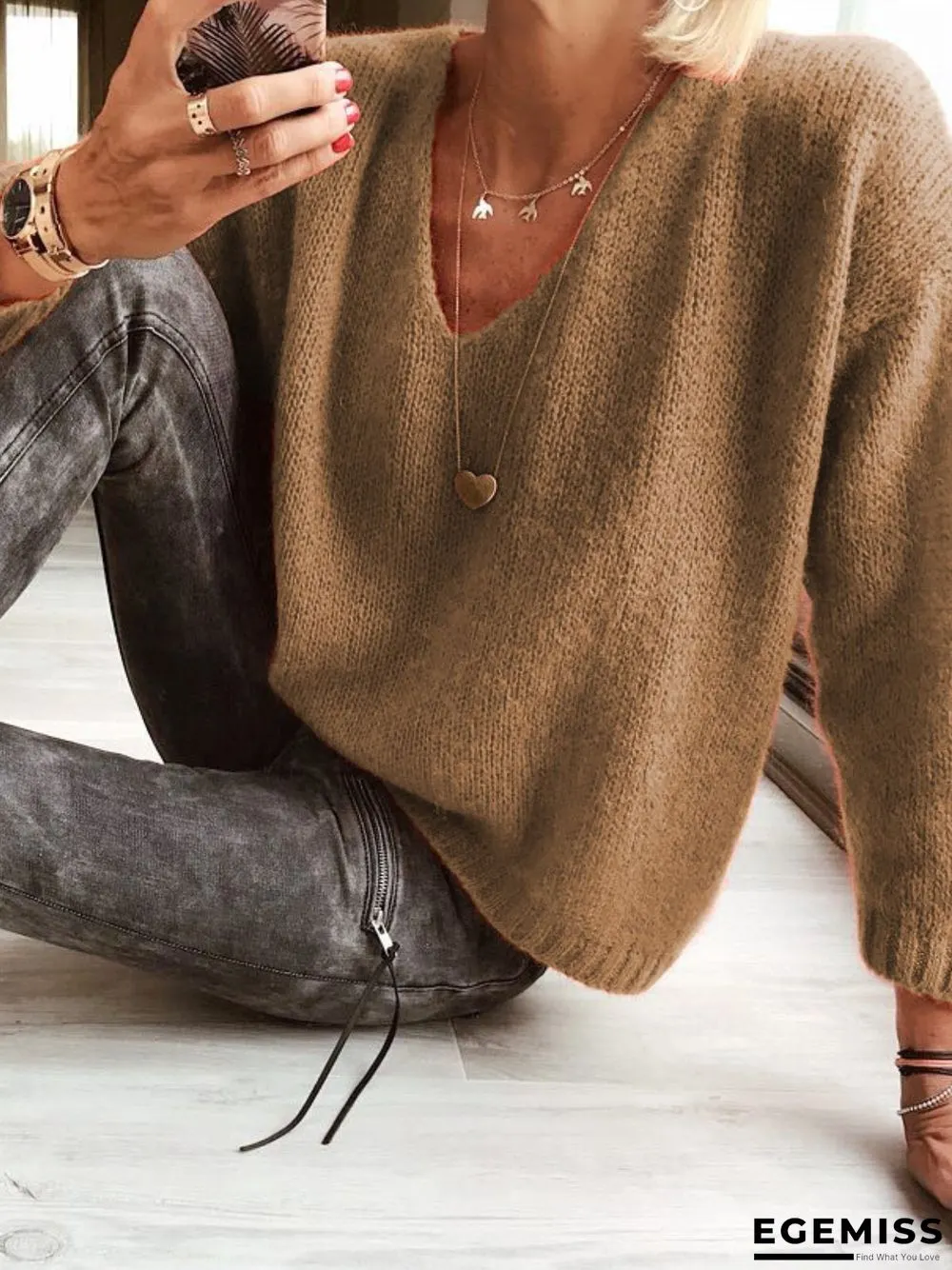 Woman Wool blend Casual V Neck Plain Sweater | EGEMISS