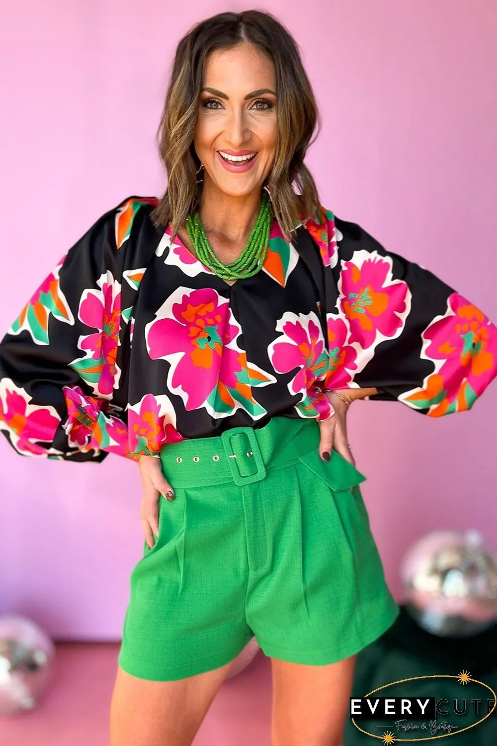 Black Rose Flower Print Puff Sleeve Blouse